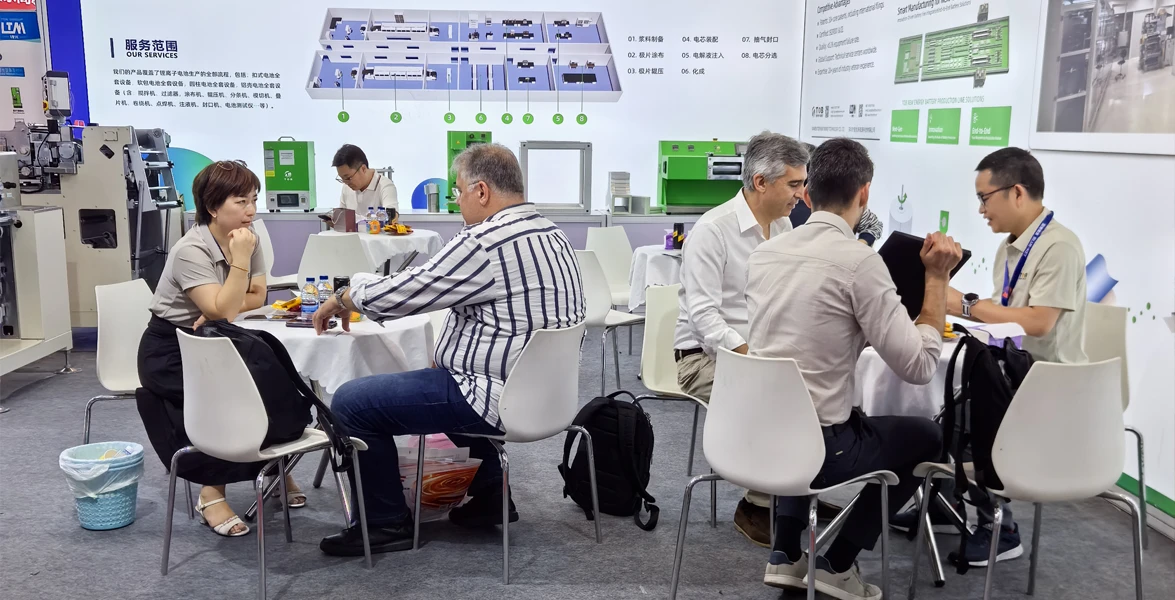 TOB NEW ENERGY CEO Dr. Dany Huang and Marketing Director Amy Wang in technical discussion with international clients about solid-state battery equipment at CIBF2026 TOB NEW ENERGY CEO Dr. Dany Huang and Marketing Director Amy Wang in technical discussion with international clients about solid-state battery equipment at CIBF2026